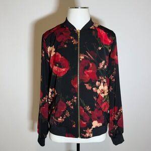 Susan Graver Floral Rose Bomber Jacket Full Zip Black Red Womens Size XS Romance